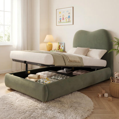 Green upholstered children’s single bed with velvet headboard, hydraulic storage, and large under-bed space, by HOMCOM.