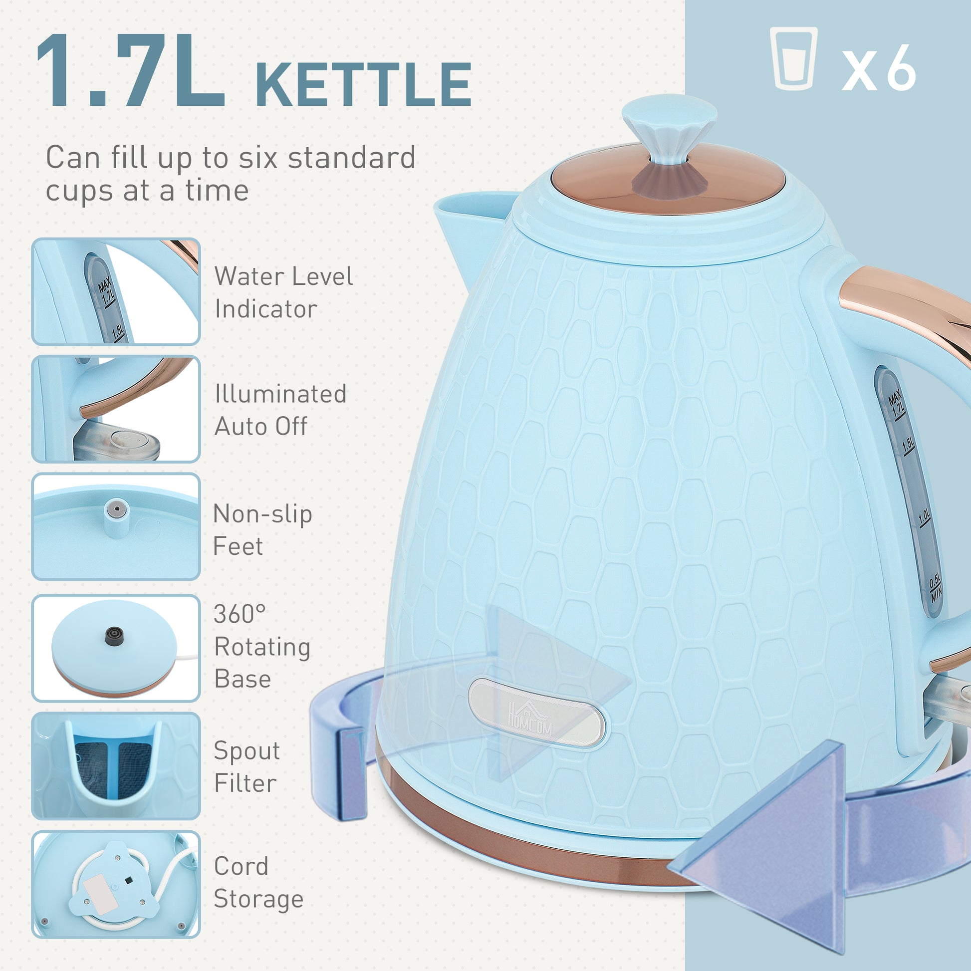 HOMCOM 1.7L 3000W fast boil kettle and 2-slice toaster set in light blue, with auto shut-off and browning control.