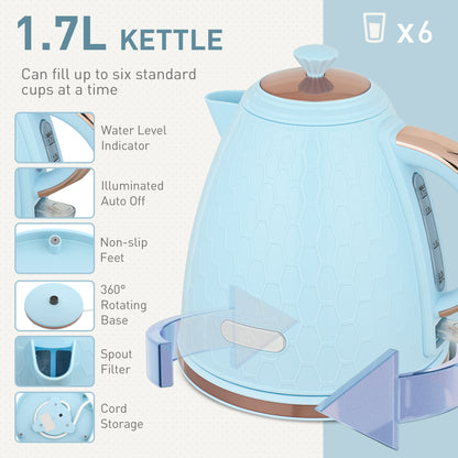 HOMCOM 1.7L 3000W fast boil kettle and 2-slice toaster set in light blue, with auto shut-off and browning control.