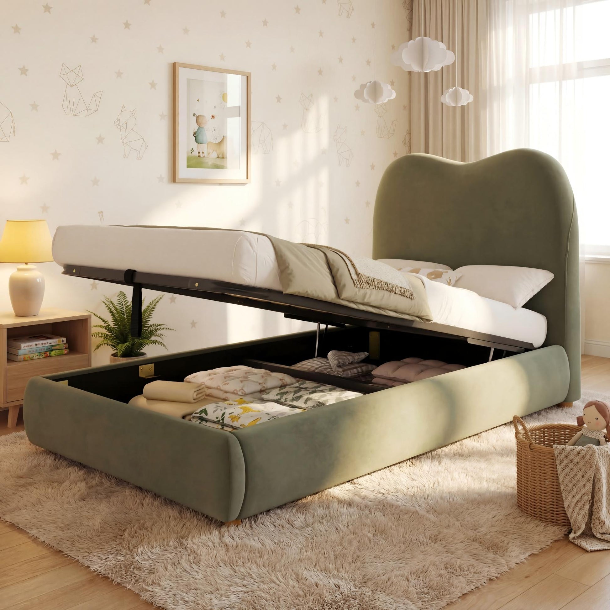 Green velvet upholstered single children's bed with hydraulic storage, headboard, and sleek design.