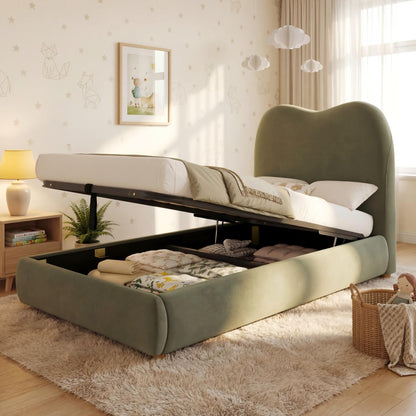 Green velvet upholstered single children's bed with hydraulic storage, headboard, and sleek design.
