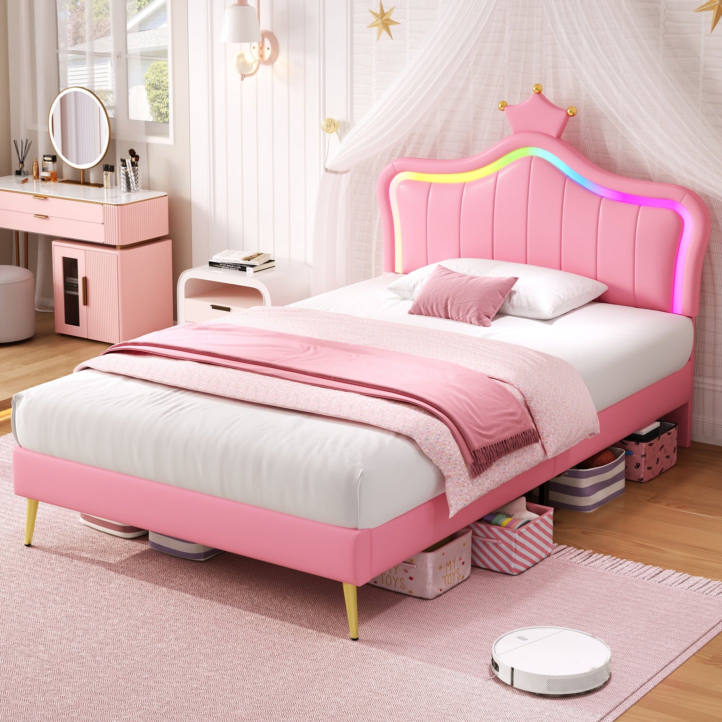 HOMCOM 3ft single upholstered bed frame with LED crown-shaped headboard, PU leather, solid wood slats, easy to assemble, no mattress included.