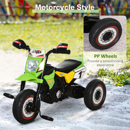 Green kids trike by HOMCOM with music, lights, handlebar stickers, designed for toddlers 18-36 months, suitable for boys and girls.
