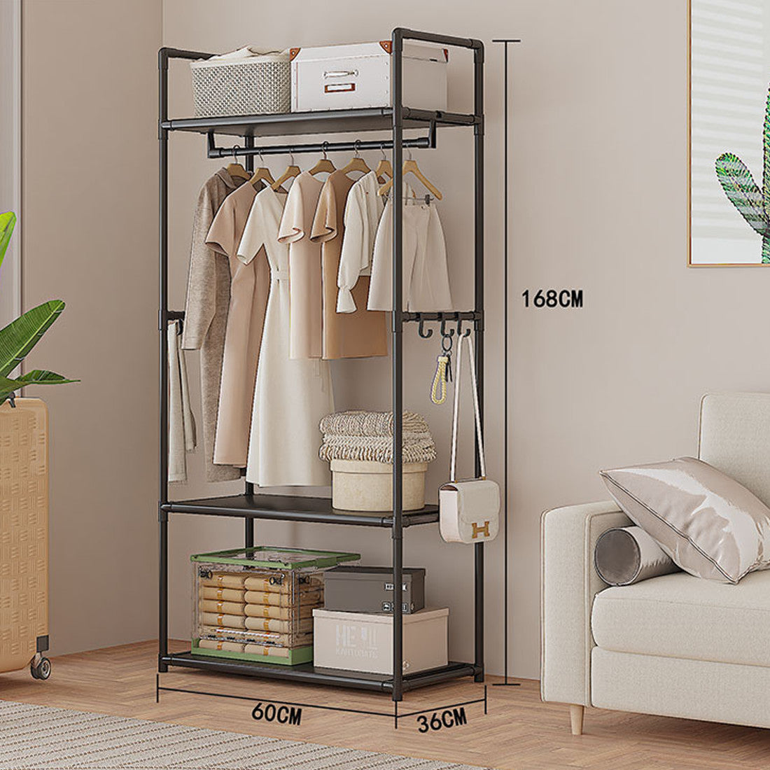 HOMCOM black multifunctional clothes rail and shoe rack with garment hanging stand and home storage shelf, without wheels.