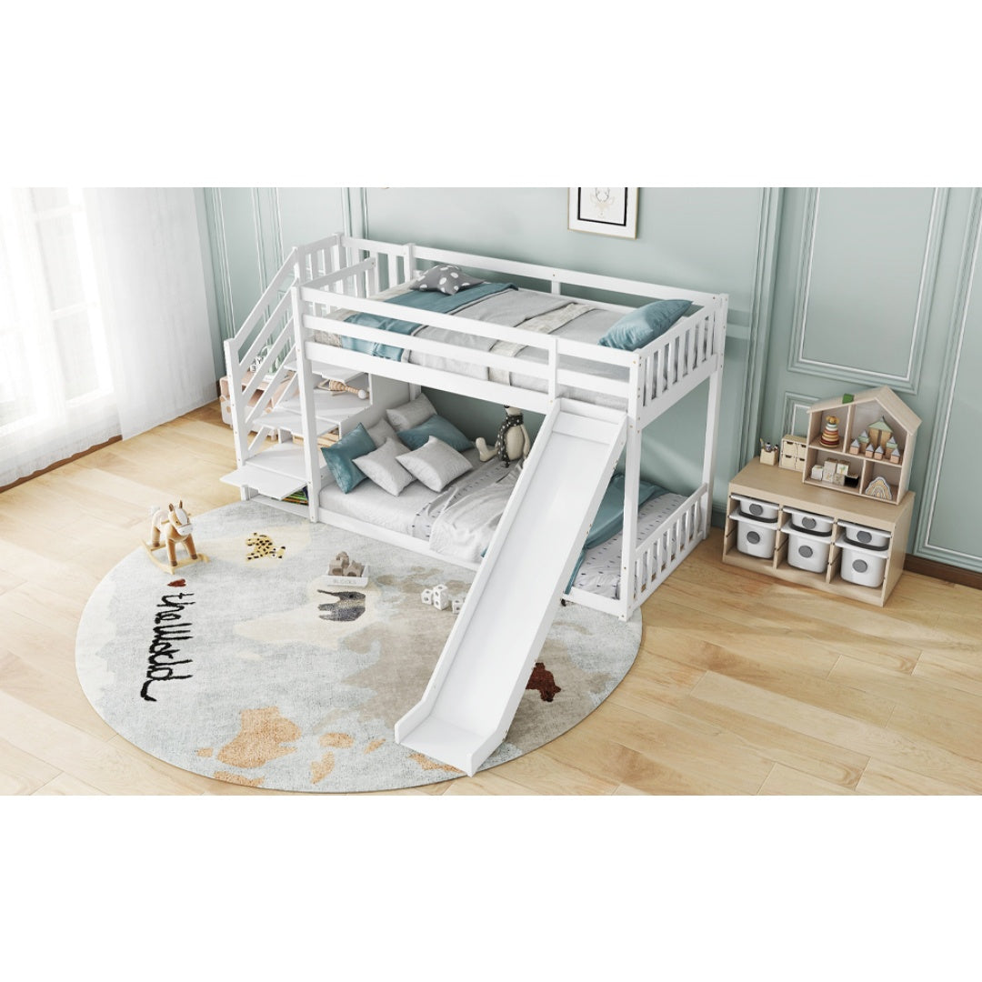 White bunk bed with stairs and slide, solid pine wood frame, children’s bed with storage stairs, 90x190cm by HOMCOM.