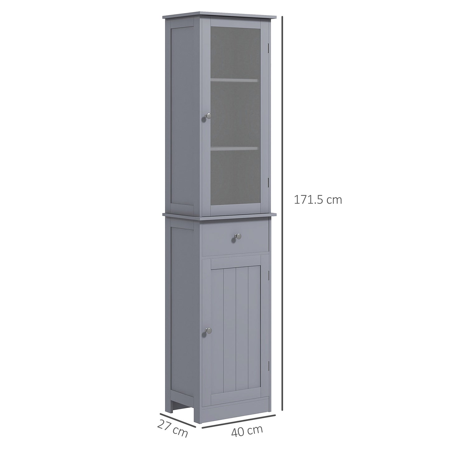 Grey HOMCOM bathroom storage cabinet with 3-tier shelves, drawer, door, and slim design for organizing bathroom essentials.