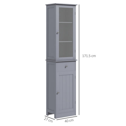 Grey HOMCOM bathroom storage cabinet with 3-tier shelves, drawer, door, and slim design for organizing bathroom essentials.
