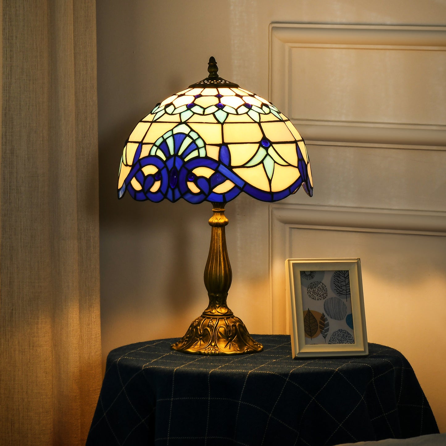 Blue stained glass table lamp by HOMCOM, handmade antique bedside lamp with intricate glass design for bedroom or living room decor.