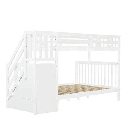 Kids Bunk Bed with Storage Stairs & Guardrail – White High Sleeper Frame