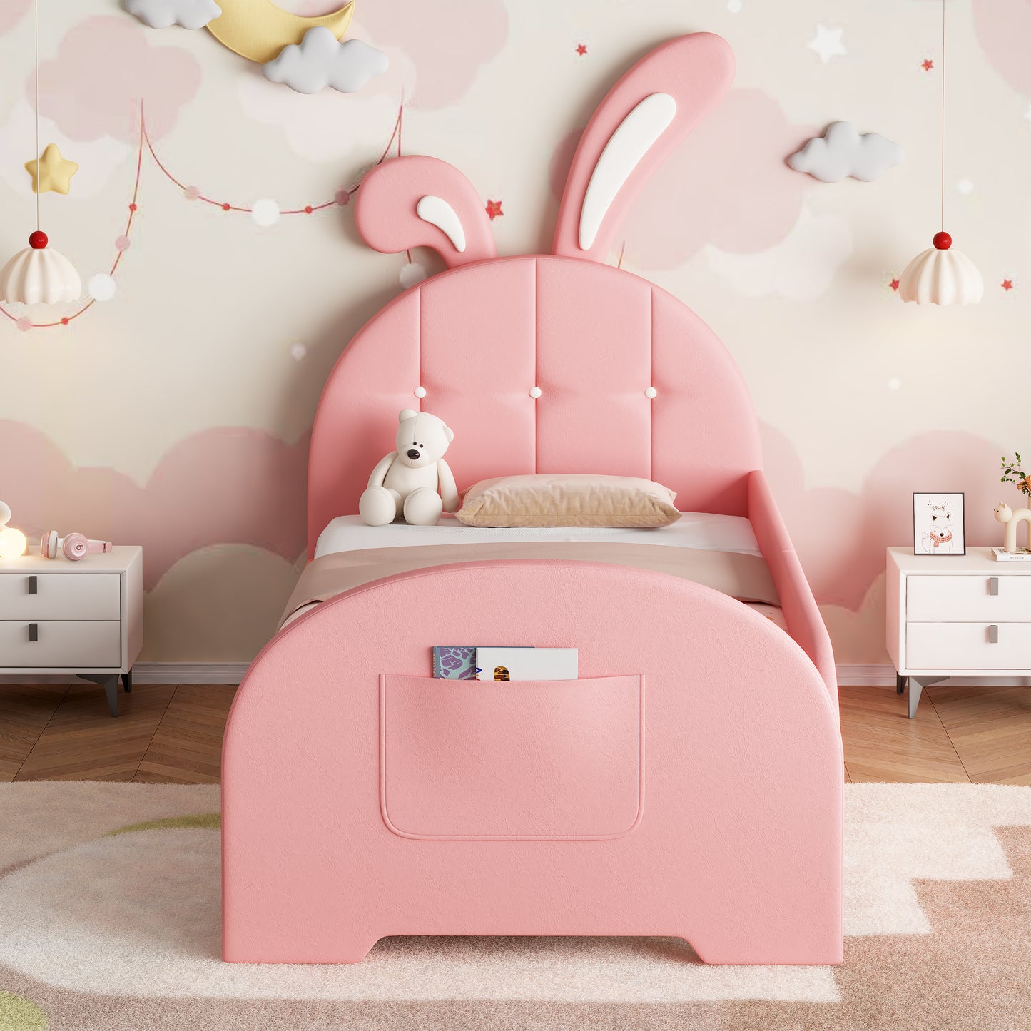 Pink HOMCOM 3ft single rabbit-shaped upholstered bed frame with bunny ear headboard, footboard storage, plush PU leather, sturdy metal-wood frame