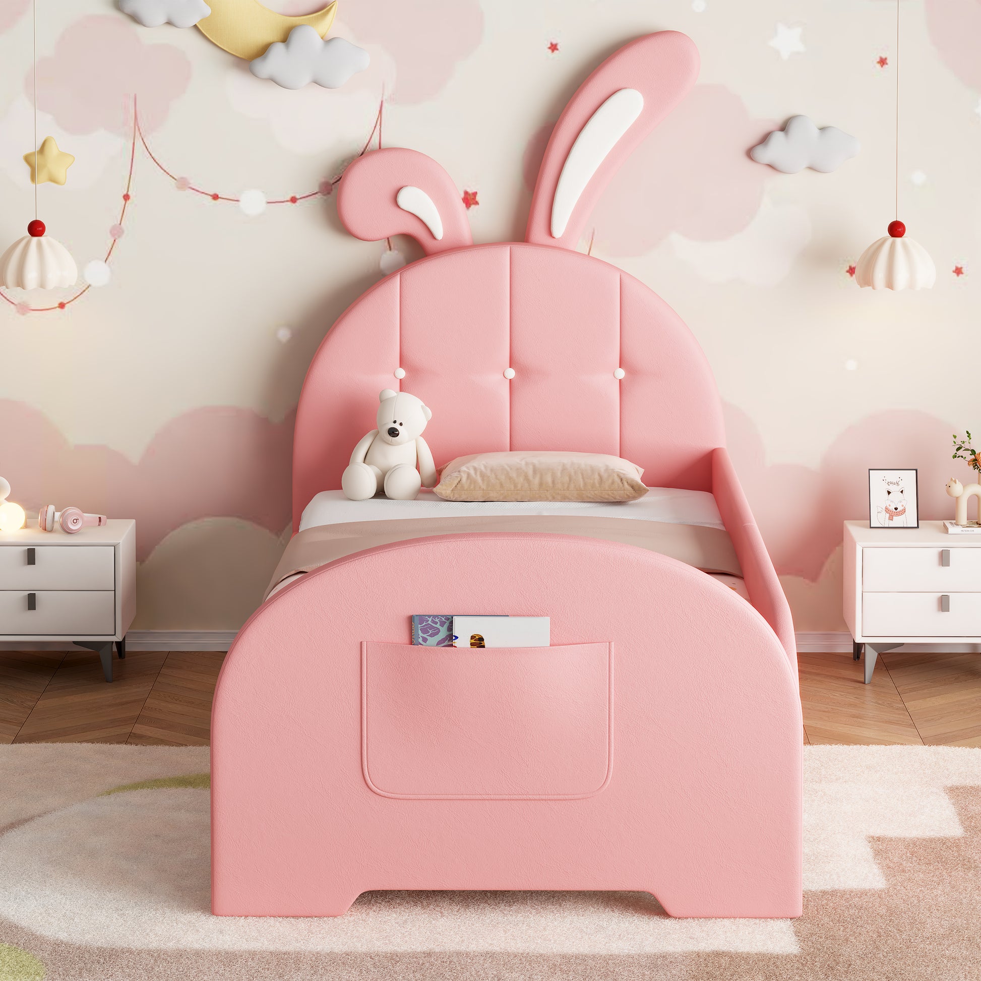 Pink HOMCOM 3ft single rabbit-shaped upholstered bed frame with bunny ear headboard, footboard storage, plush PU leather, sturdy metal-wood frame
