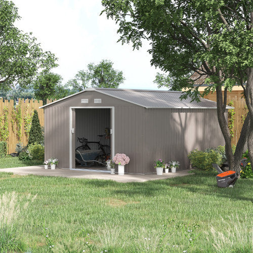 Outsunny 13x11ft Metal Garden Shed with Foundation Kit & Ventilation – Light Grey