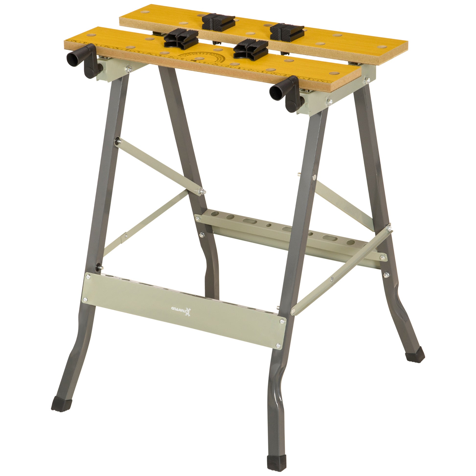 HOMCOM DURHAND 4-in-1 work bench with folding design and adjustable clamping pegs, ideal for DIY projects and garage tasks.