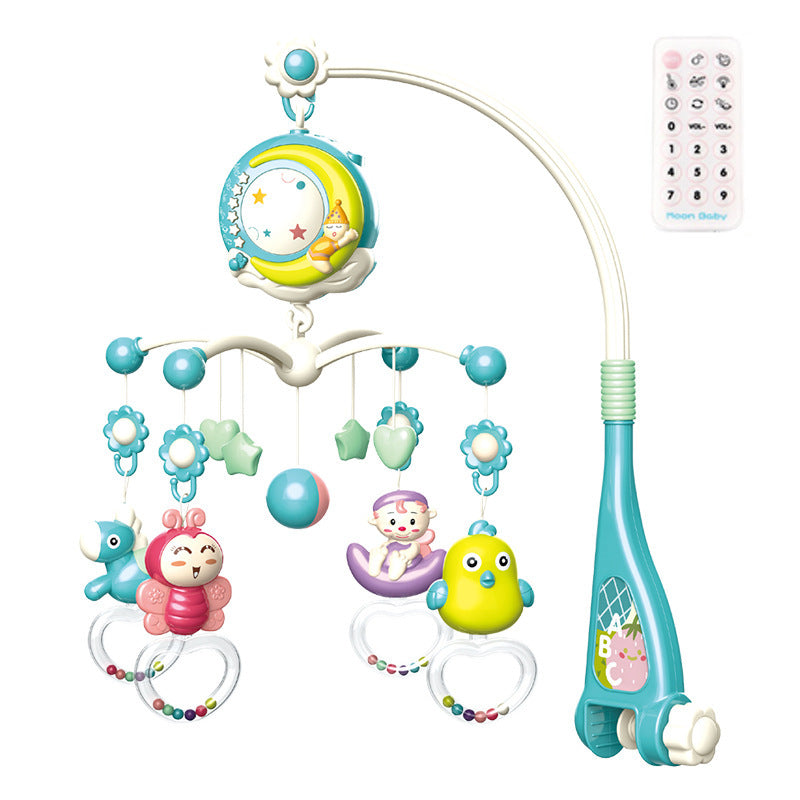 Livoshop baby crib mobile with musical box and rotating projection, featuring colorful plush toys hanging over a crib for newborns.