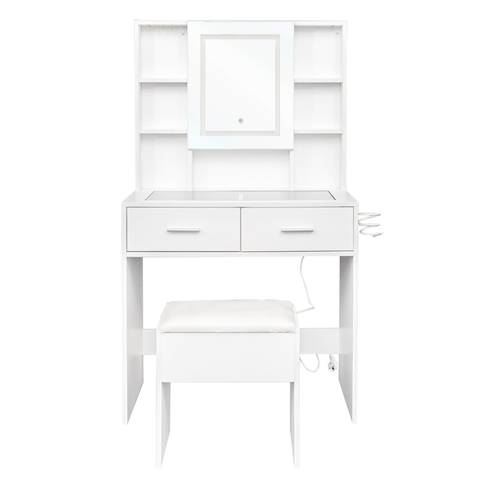 White hemp surface dressing table set with two drawers, four shelves, LED dimming mirror, glass top, power strip, and hair dryer holder.
