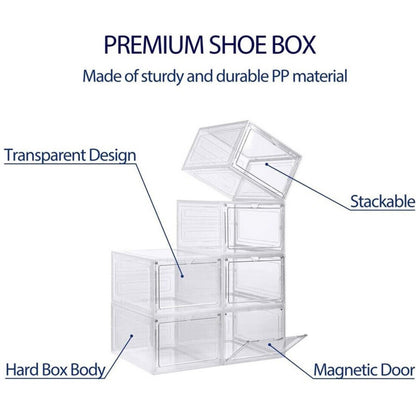 6 Pack Transparent Shoe Storage Boxes Hard Plastic Stackable Shoe Box Organiser
