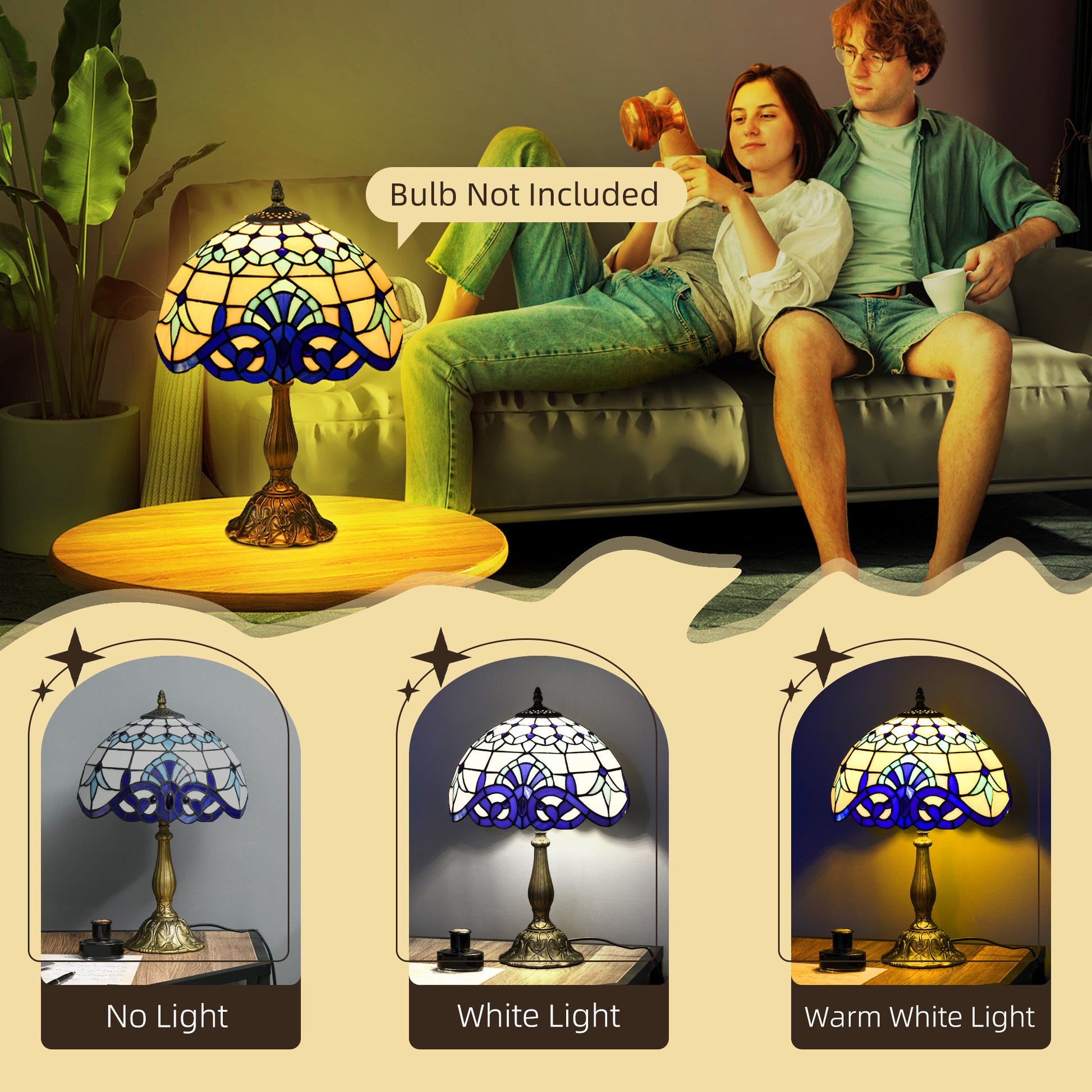 HOMCOM stained glass table lamp with blue antique design, handmade bedside lamp for bedroom or living room decor.