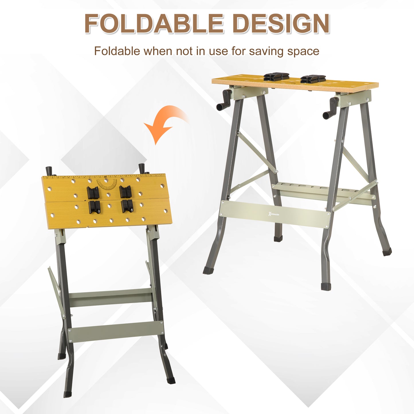 HOMCOM DURHAND 4-in-1 work bench with folding design, adjustable clamping pegs, and grey finish, suitable for DIY home garage projects.