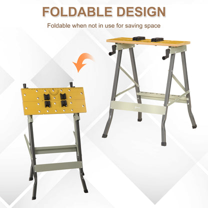HOMCOM DURHAND 4-in-1 work bench with folding design, adjustable clamping pegs, and grey finish, suitable for DIY home garage projects.