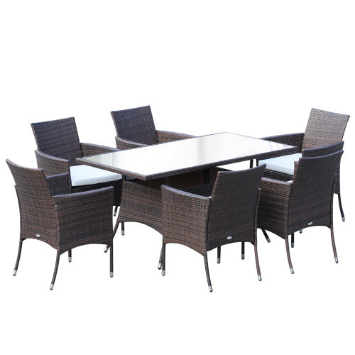 Outsunny 6-Seater Rattan Dining Set – Brown Outdoor Table & Chairs with Cushions