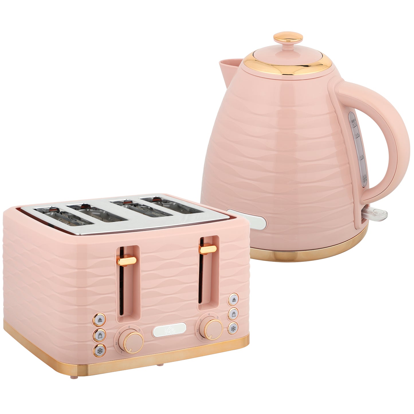 HOMCOM pink 3000W 1.7L kettle and 4-slice toaster set with browning controls and crumb tray, on a kitchen countertop.