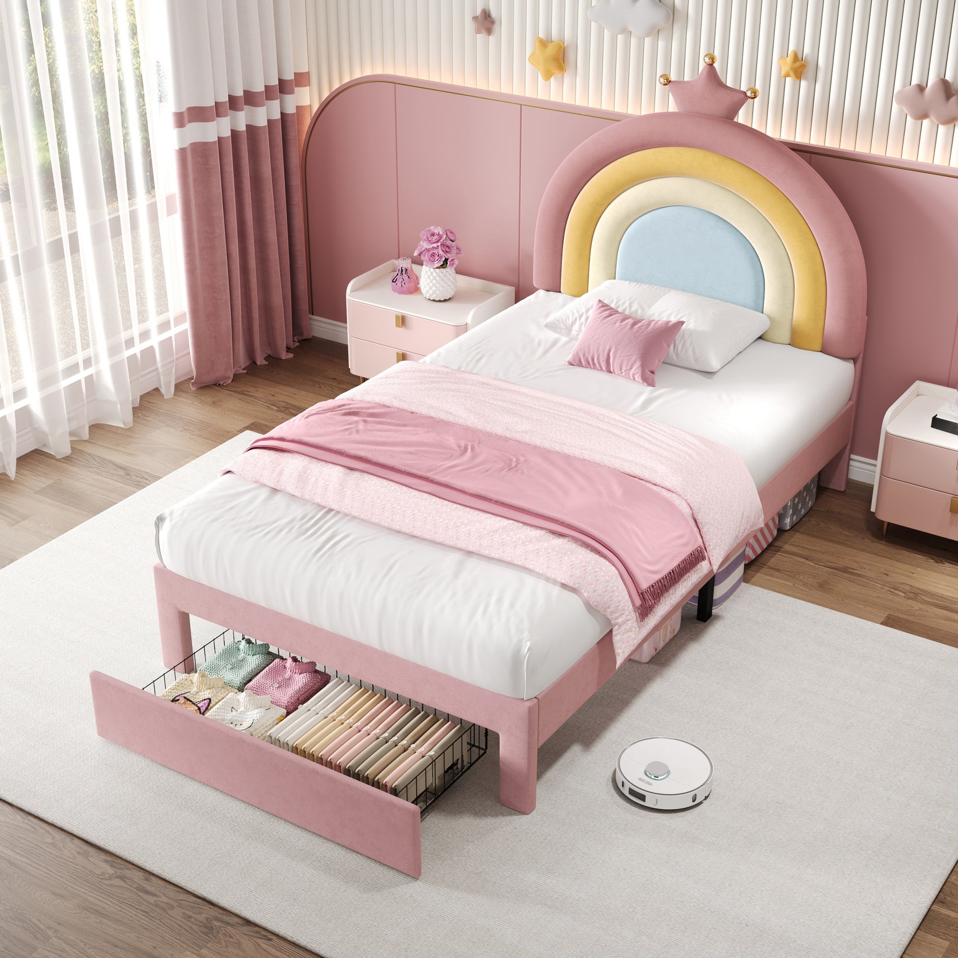 HOMCOM 3ft single velvet bed with adjustable rainbow crown headboard, storage drawer, and easy assembly, no box spring needed.