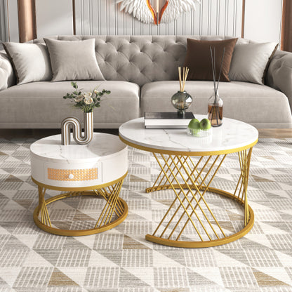HOMCOM 2-in-1 round coffee table with marble effect surface and rattan drawer for stylish living room decor.