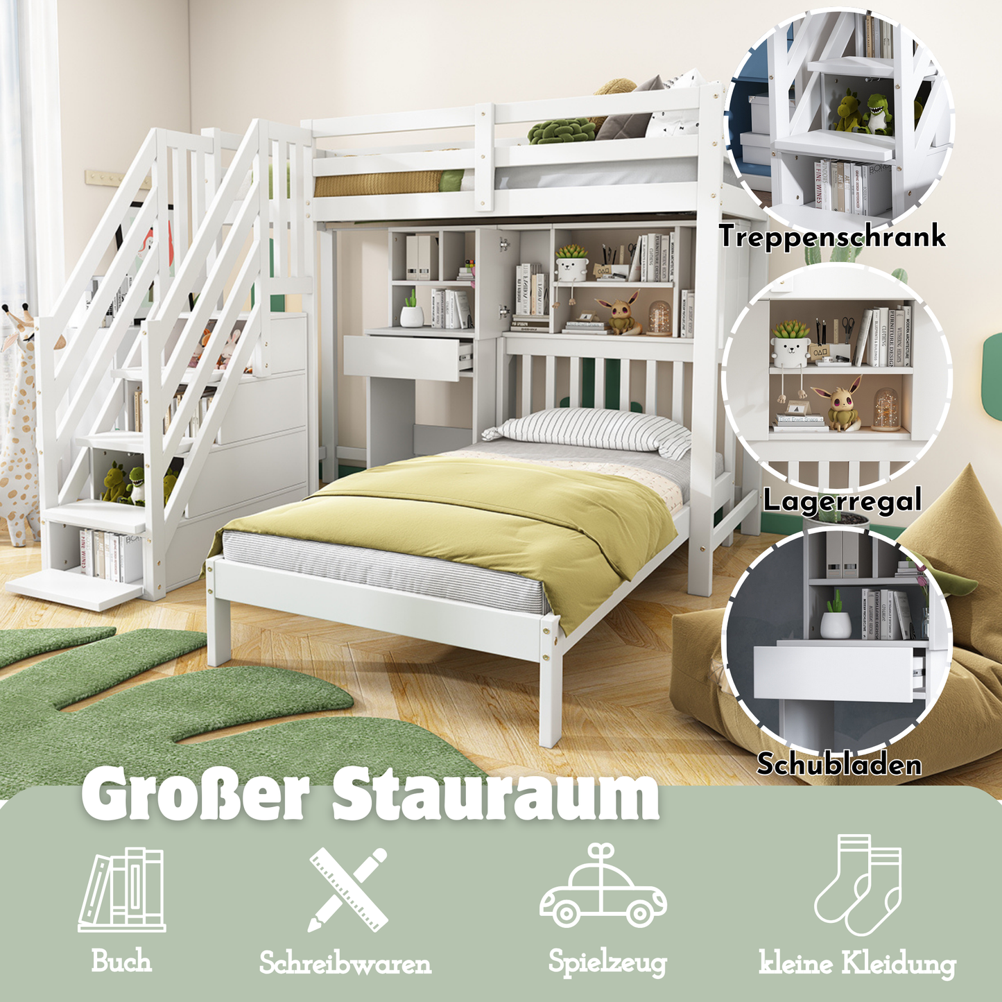 White HOMCOM Wood House Bunk Bed with desk, shelves, storage, and slatted frame for children, 90x190 cm.