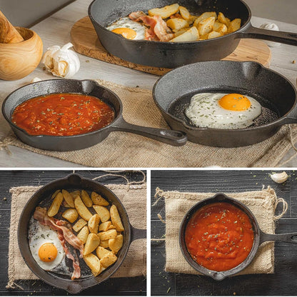 Homcom 3-pack cast iron non-stick skillet griddle frying pans with seasoned finish, ideal for versatile cooking and frying tasks.
