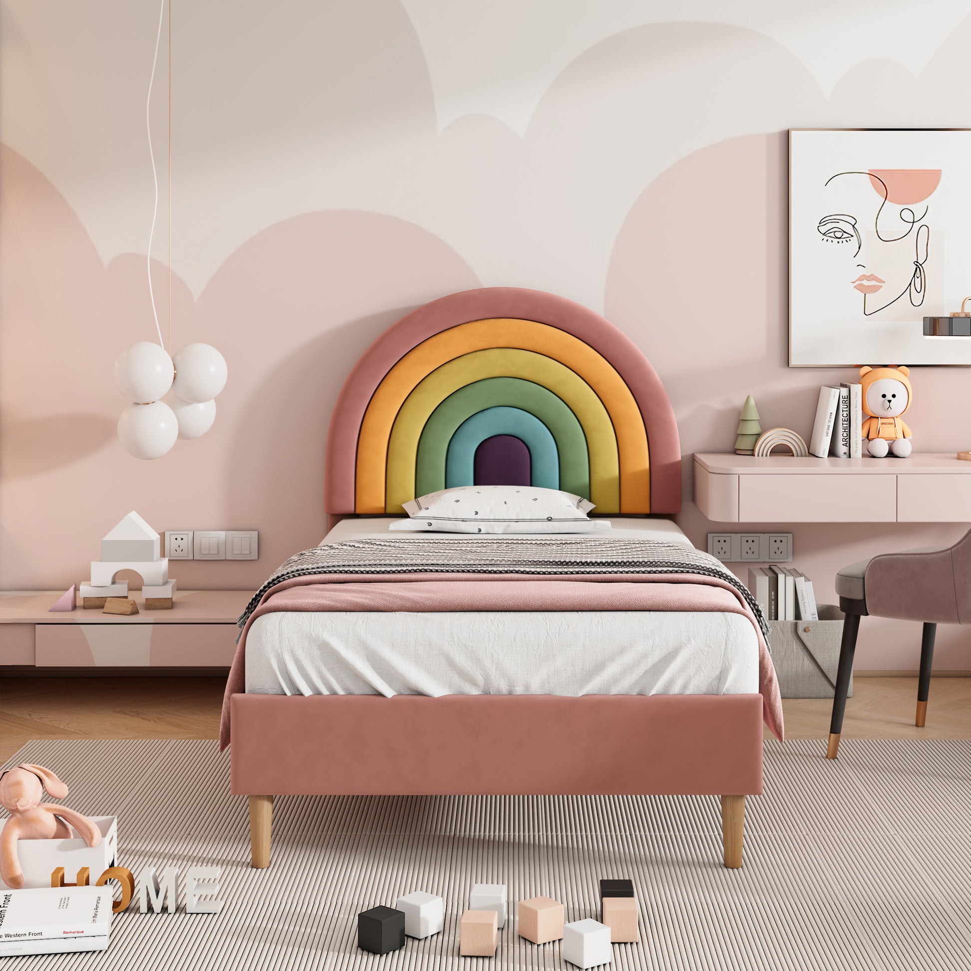 Pink upholstered HOMCOM youth bed with slatted frame, adjustable headboard, velvet fabric, wooden slats, and easy assembly.