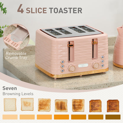 Light pink HOMCOM 3000W kettle and 4-slice toaster set with 7 browning controls and crumb tray, shown on kitchen countertop.