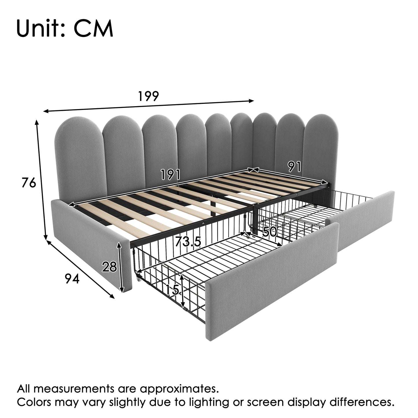 HOMCOM grey upholstered kids daybed with drawer storage, velvet fabric, slatted frame, suitable for children and adults, no mattress included.