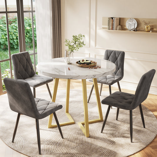 Modern HOMCOM round coffee table with marble pattern top, gold metal stand, 80x80x75cm, ideal for living room or bedroom.