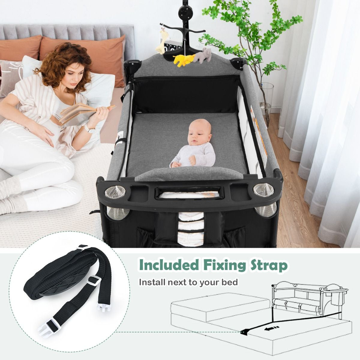 Livoshop 5-in-1 baby bassinet and bedside sleeper with diaper changer and hanging toys, designed for convenient infant care.