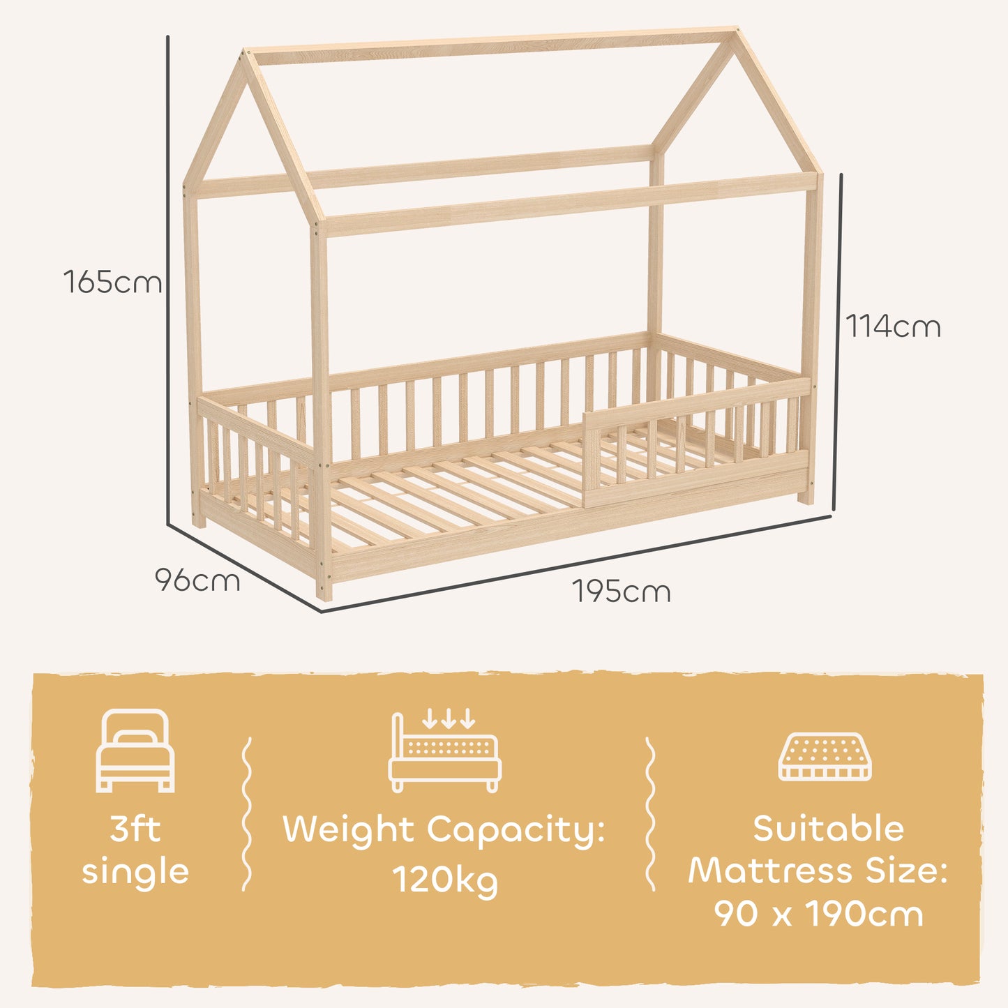 House-shaped kids bed frame by HOMCOM with guard rails, made of solid pine wood, featuring a natural finish for boys and girls.