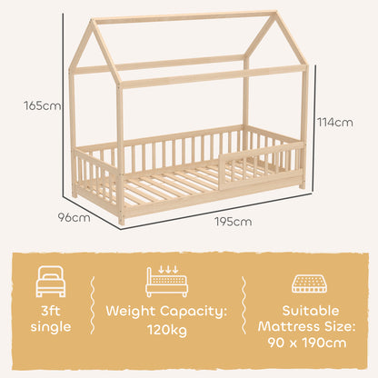 House-shaped kids bed frame by HOMCOM with guard rails, made of solid pine wood, featuring a natural finish for boys and girls.