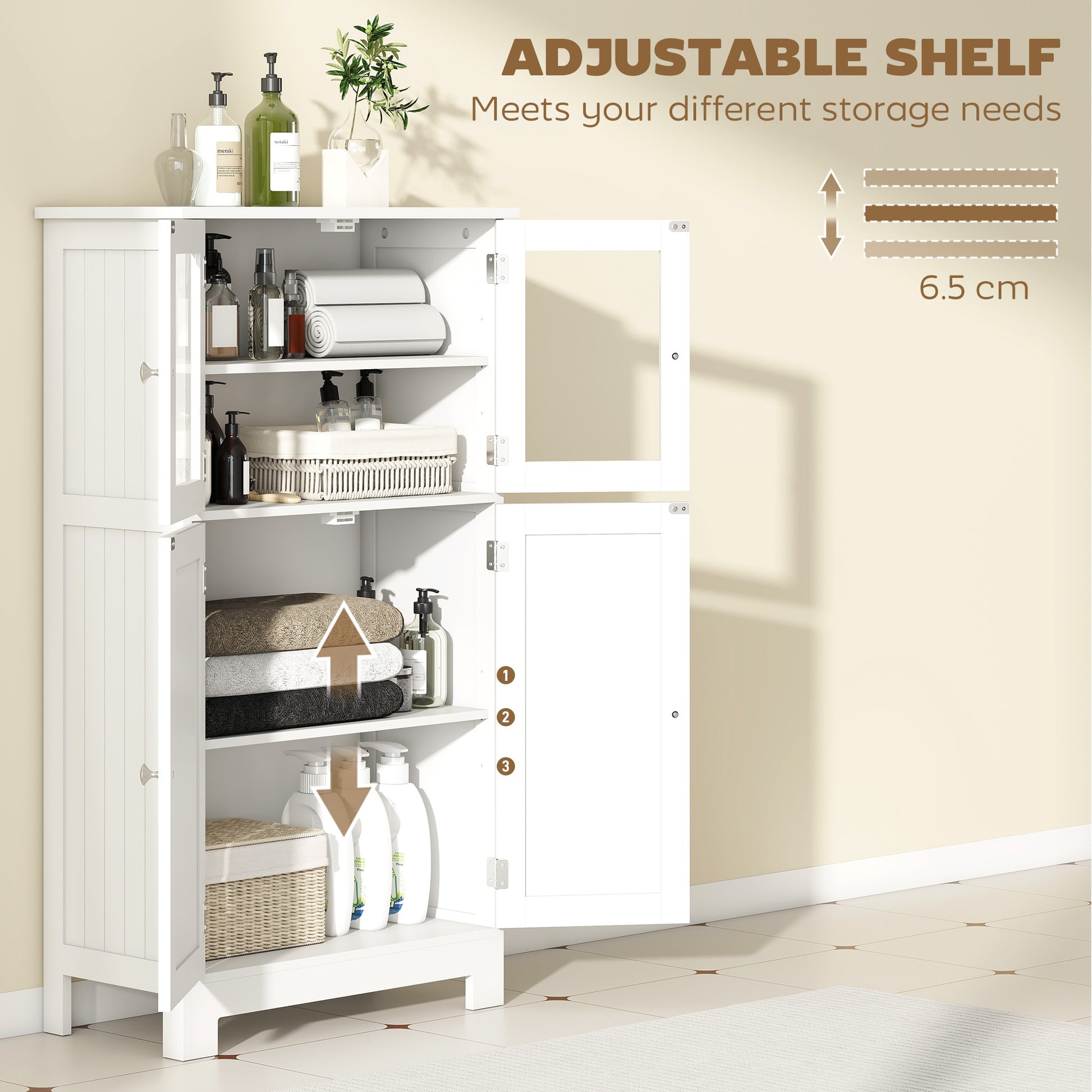 HOMCOM Kleankin bathroom floor cabinet with two drawers, adjustable shelves, tempered glass door, wooden storage for kitchen or hallway.