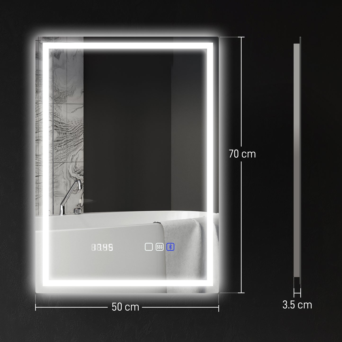 HOMCOM 50x70cm silver-tone anti-fog LED bathroom mirror with Bluetooth speakers and built-in clock, modern bathroom decor.