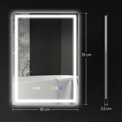 HOMCOM 50x70cm silver-tone anti-fog LED bathroom mirror with Bluetooth speakers and built-in clock, modern bathroom decor.