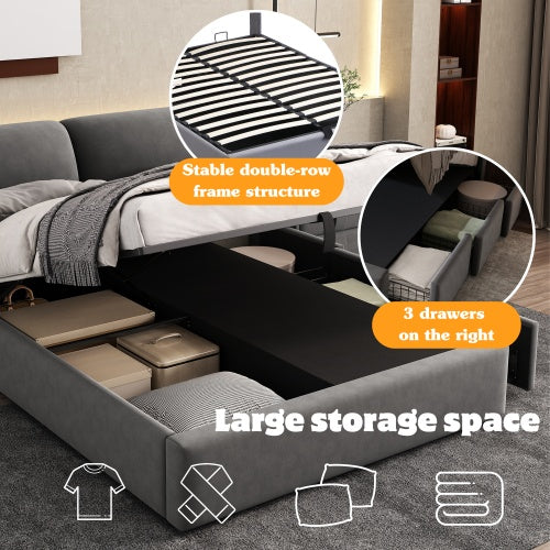 Double Hydraulic Bed 4FT6 – Velvet Upholstered Bed with 3 Storage Drawers