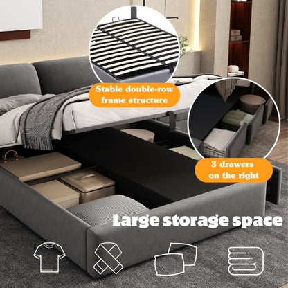 Double Hydraulic Bed 4FT6 – Velvet Upholstered Bed with 3 Storage Drawers