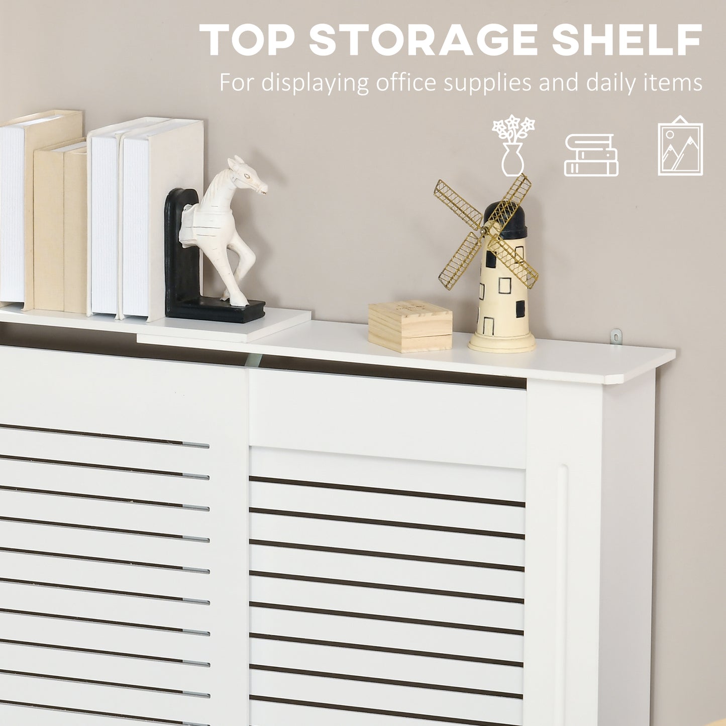 Set of 2 white MDF extendable radiator covers with slatted design and cabinet shelving, ideal for home or office spaces.