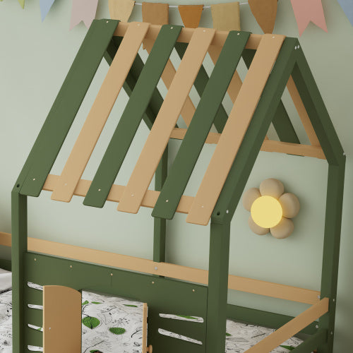 Kids Wooden Bed with Roof & Window Design – Green & Natural with Storage Drawers