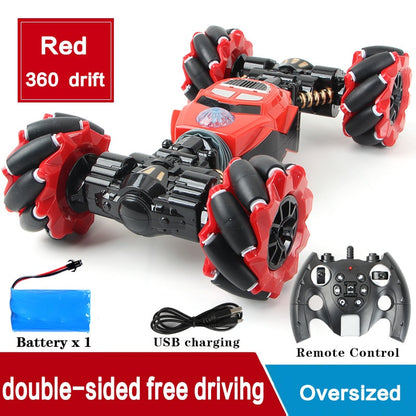 Eprolo RC 4WD stunt car with light music, off-road tires, twisting drift action, high speed, and gesture control in a dynamic outdoor scene.