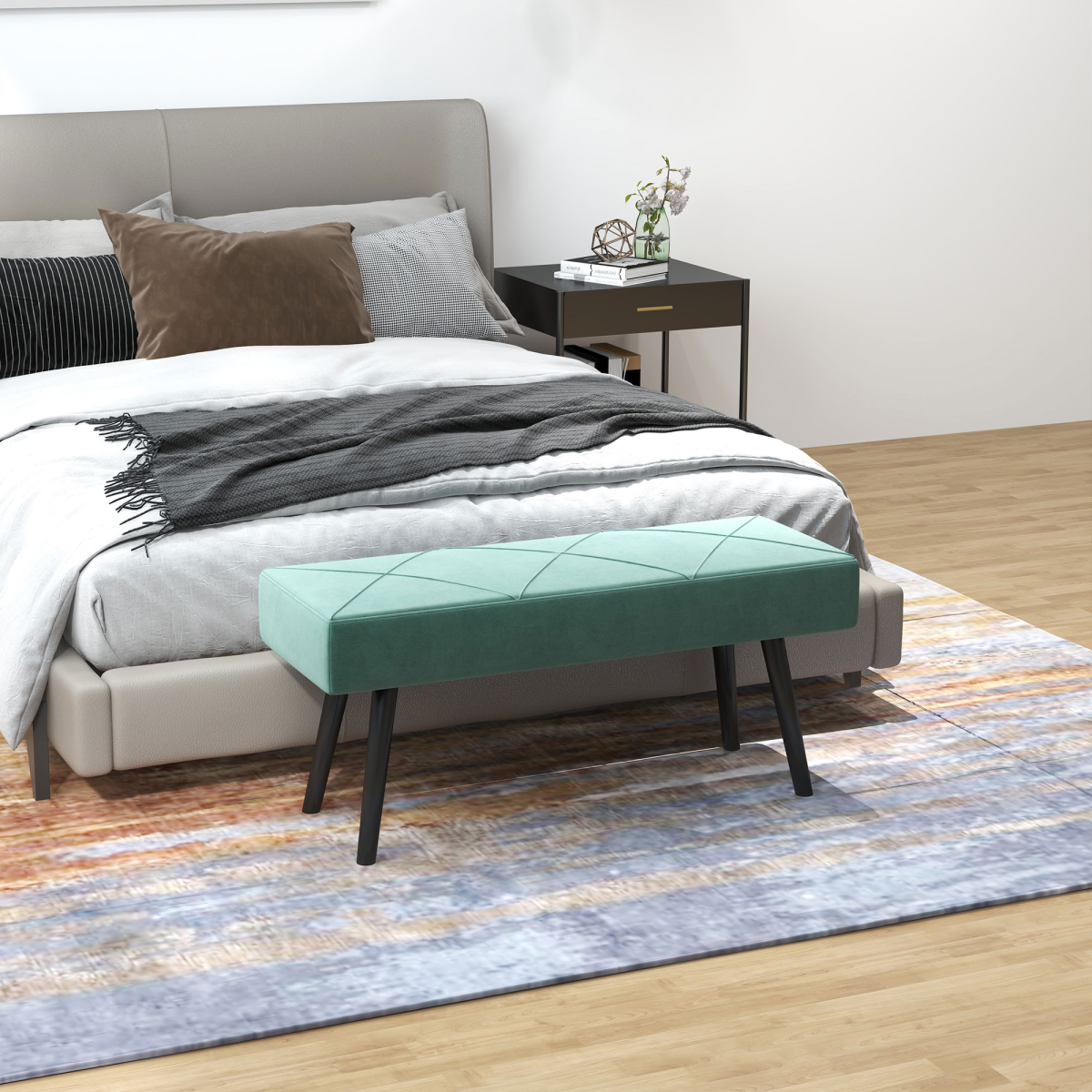 Upholstered green end of bed bench with steel legs, ideal for hallway or bedroom seating by HOMCOM.