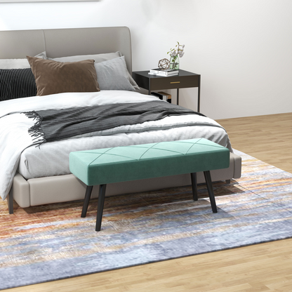 Upholstered green end of bed bench with steel legs, ideal for hallway or bedroom seating by HOMCOM.
