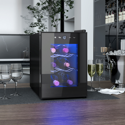 HOMCOM mini beer and wine fridge with glass door and touch screen, holds 6 bottles, compact beverage cooler.