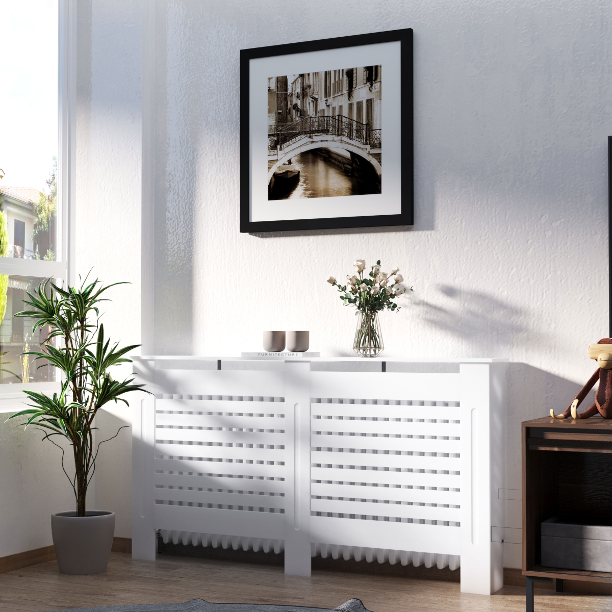 White MDF radiator cover with slatted design, 152cm HOMCOM radiator cabinet for decorative and protective heating cover.