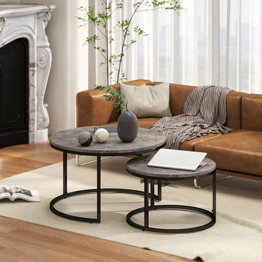 HOMCOM 2-piece stacking coffee table set with marble effect, modern design, and sleek surfaces for living room decor.