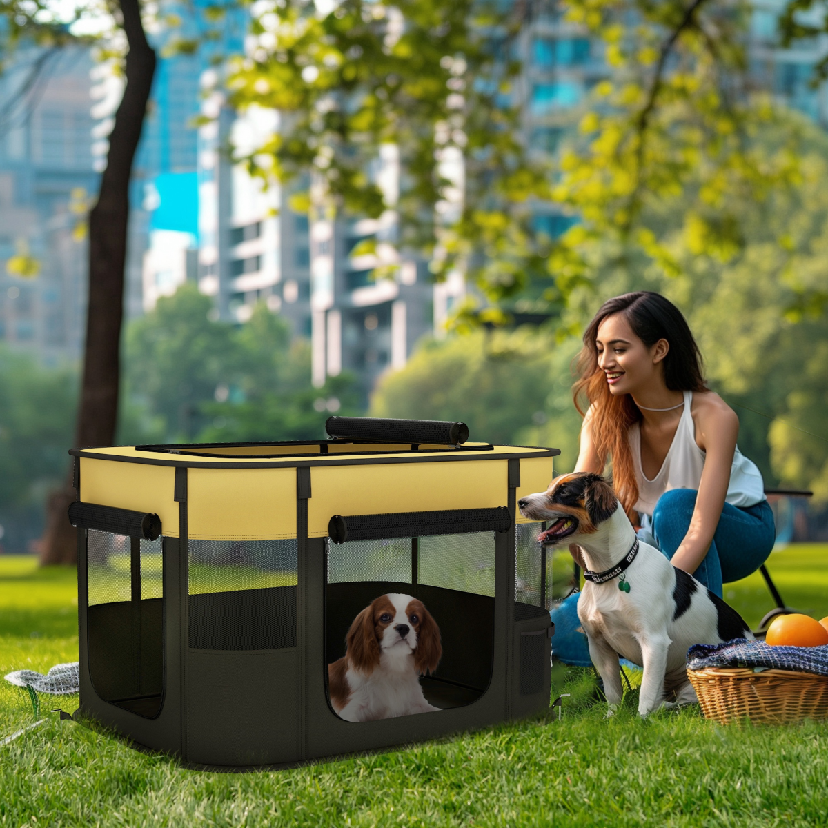 Yellow portable dog pen for puppies, rabbits, kittens, and guinea pigs by PawHut, featuring mesh sides and sturdy frame.